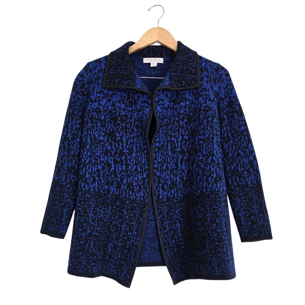 Laura Ashley Wool Blend Open Front Sweater Jacket Cardigan Blue Black Small
